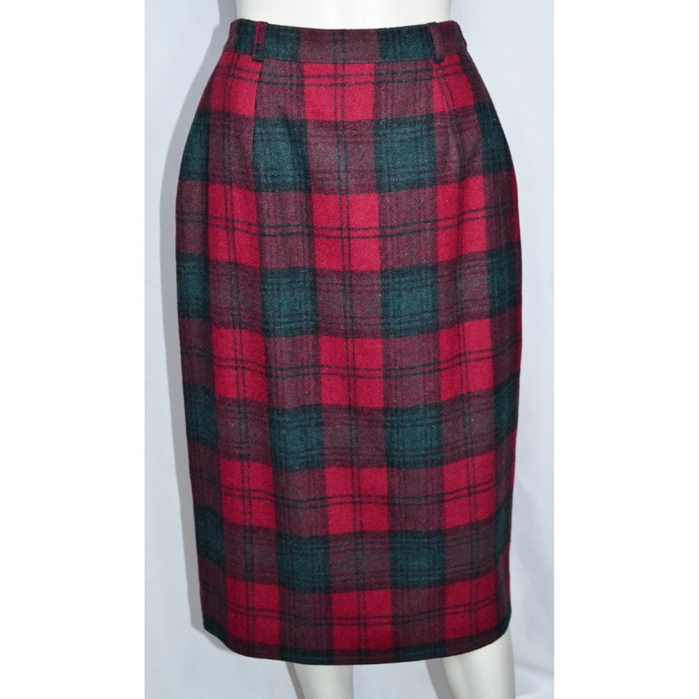 Vintage Barclay Square Wool Tartan Straight Pencil Skirt Red/Green Preppy Sz 7/8 - Picture 1 of 7